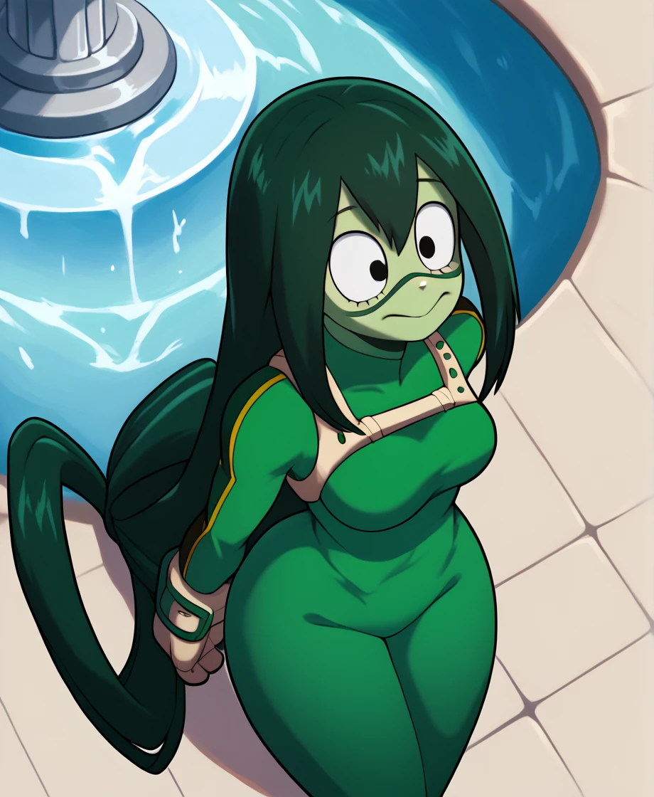 score_9_above, score_8_above, score_7_above, cowboy shot, 1 girl, asui tsuyu\(Boku no hero academia\), green fur, very long hair, Long hair tied low, tied hair, black eyes, Wide hips, medium breasts, smiling, 
, fountain_cheered up, cheered up style