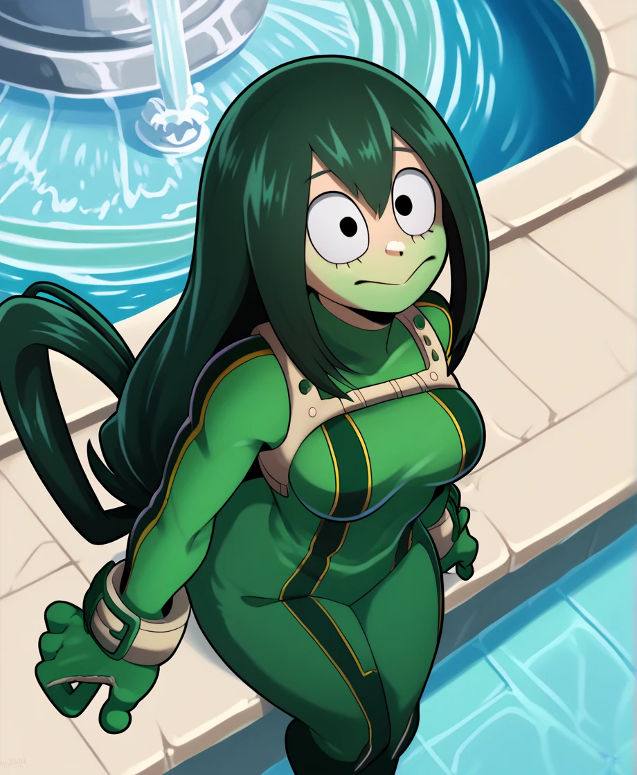 score_9_above, score_8_above, score_7_above, cowboy shot, 1 girl, asui tsuyu\(Boku no hero academia\), green fur, very long hair, Long hair tied low, tied hair, black eyes, Wide hips, medium breasts, smiling, 
, fountain_cheered up, cheered up style