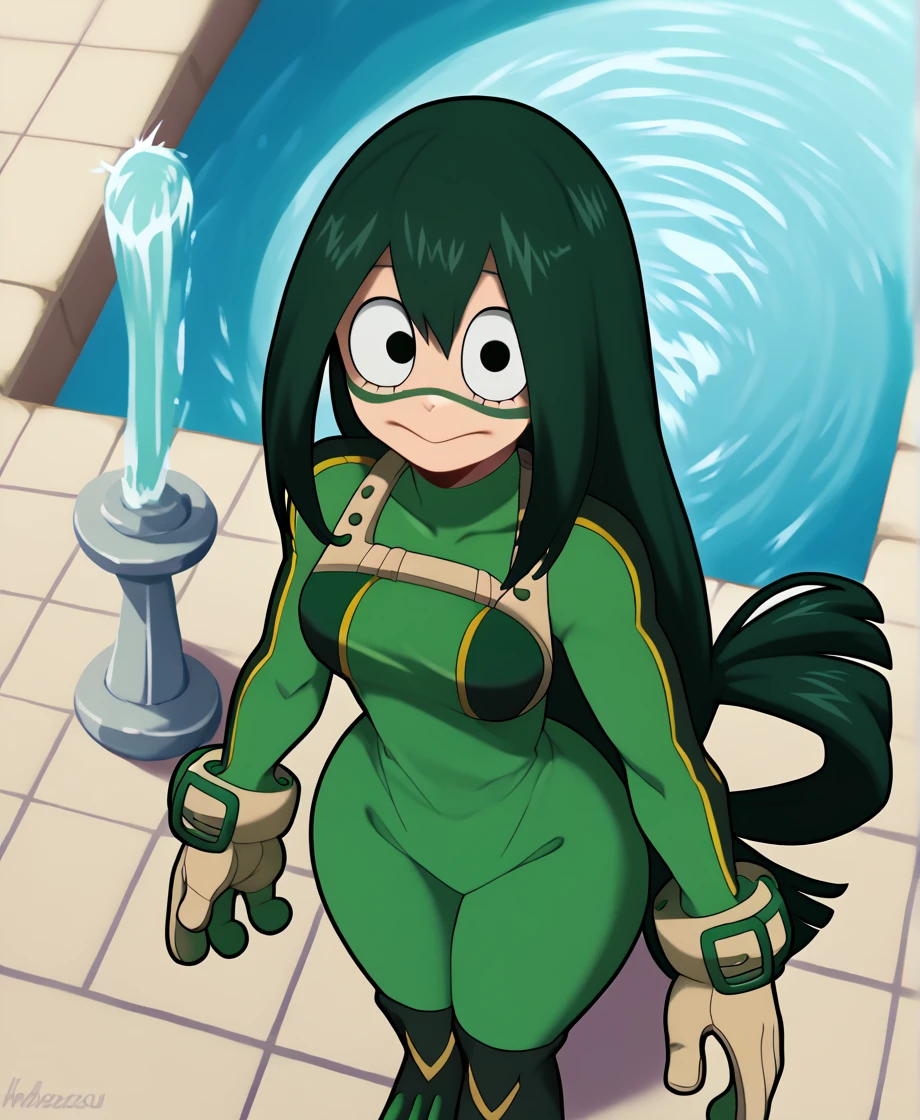 score_9_above, score_8_above, score_7_above, cowboy shot, 1 girl, asui tsuyu\(Boku no hero academia\), green fur, very long hair, Long hair tied low, tied hair, black eyes, Wide hips, medium breasts, smiling, 
, fountain_cheered up, cheered up style