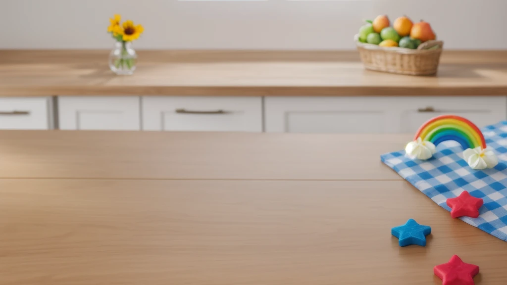 on a wooden table. there is a white plate. on the table there is a BLUE checkered tablecloth, there are STAR candies on the table next to them, ON THE TABLECLOTH IS A RAINBOW MADE OF POLYMER CLAY. against the background of the kitchen, Fruit basket, vase with Flowers, Basket with berries . Beautiful light from the window, contour light, Multiple light sources, beautiful sunlight, Bright light source, bright lighting, beautiful light sources, Multiple light sources, Realistic style , realistic texture, detailed texture, a high resolution, high quality