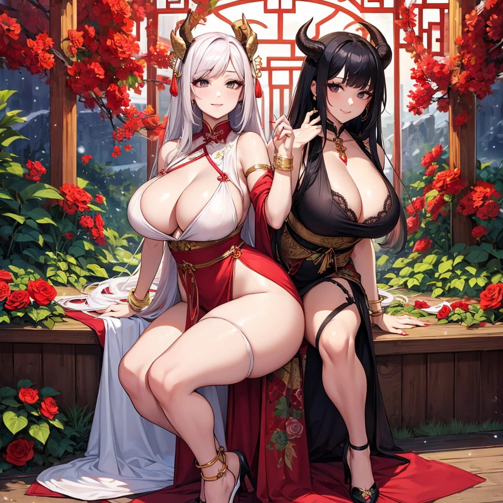 A dragon woman with Chinese dragon horns,extremely beautiful busty woman with long silky night black hair, black eyes, an extremely super bright white skin, white as snow, dazzling, flawless, shining, lush, white skin and glowing, and complexion, a perfect and tight hourglass figure, a thick and plump ass, perfect cleavage and hips, wearing a short and loose, revealing white floral dress with red flower patterns along with a red waist sash and a cardigan light brown shoulderless, yellow heels, jewelry on her neck, gold bracelets on her wrist and anklets on her legs, gold earrings, a cute and adorable smile, full pink lips, pink nails, red rose in her hair, standing, hands together, looking for the viewer, a large garden in the background, during the day, shows the entire body from head to toe.