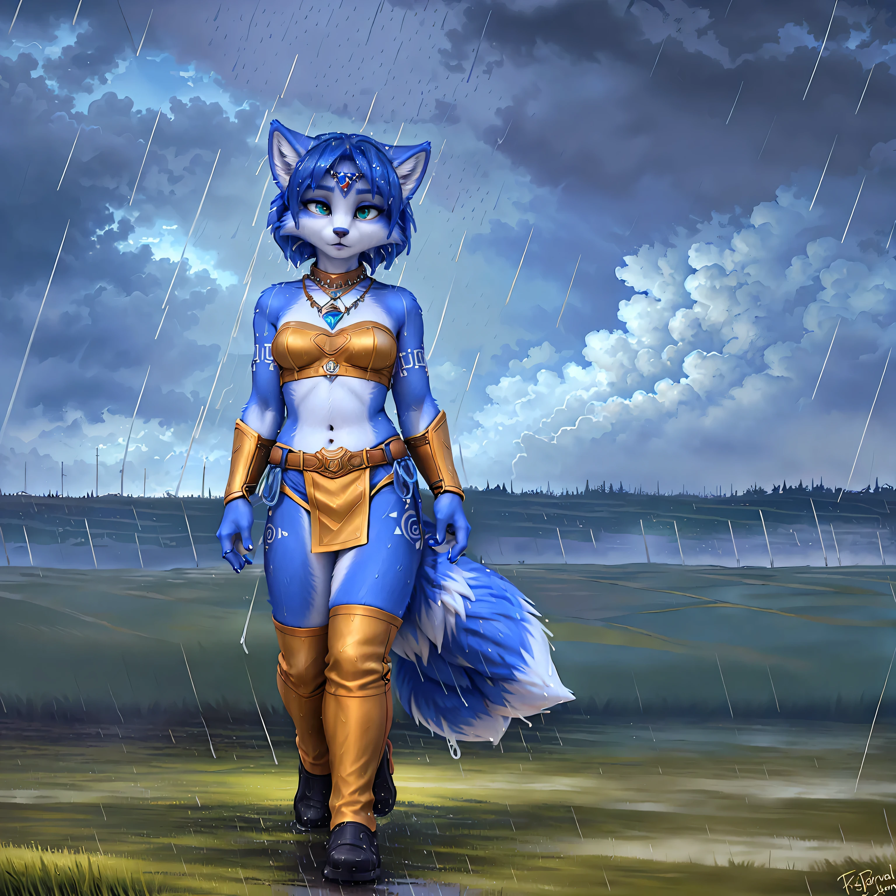 A beautiful and detailed (sweet picture) of ((Krystal)), Star Fox Krystal,  green eyes, medium breasts, (((Long blue hair 1.3))),  anthro, furry, (of Fluff-Kevlar, Bayard Wu, Personalami, Pino Daeni),  detailed fluffy fur, detailed face, (fluffy), 1 girl, alone, hair cover one eye:1.4, (((stands in the rain:1.4))), Heavy rain, storm, (((walks across a field of tall grass :1.3))), (((looks at the sky:1.4))), has a thoughtful facial expression, to see from the side, to see in profile, wears tribal clothing with leather armor, wears tribal top with leather armor