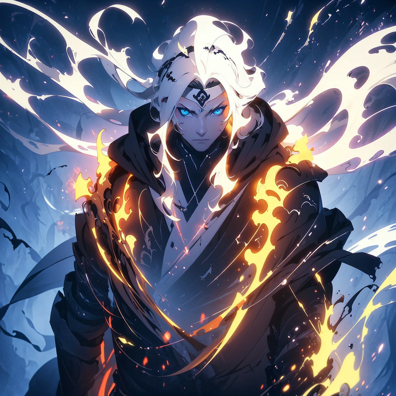 (Onmyoji theme)), (in 8K、top-quality、masterpiece:1.2)、Vampire、Cyberpunk men、fantasy worlds、dark backgrounds、Clean design、Magnificent Instagram、art stations、Colorful paint splatter、silhuette、Ultra-detailed intricate details、unrealengine、Fantasia、intricate detailes、Splash Screen、Complementary color scheme、Fantasy concept art、an oil painting、heavy strokes、Paint dripping、(isolated on white:1.3)、Rainbow skin、(((Handsome young man)))、(glowingblueeyes)、 ((Bright eye)), (( Spiky Hair, Yellow hair:1.1))), ((Black Millitary Coat)), (prinz\\(indifferent look\\),(Wearing a luxurious black robe with high detail))), Yellow-haired, Frost Rune magic, ((Wizard)).
