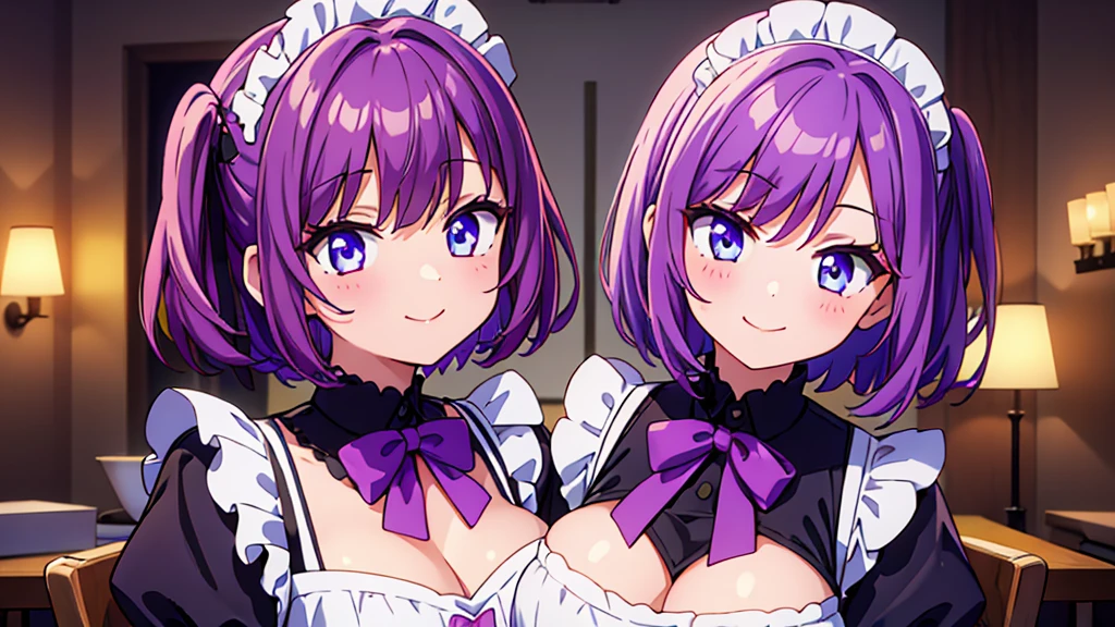 2girls, short purple hair, cute eyes, wearing maid costume, smiling , portrait , slightly blushing , high res, ultrasharp, 8K, masterpiece, looking at viewer