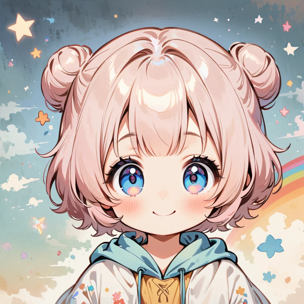 スイカを食べている、Draw a rainbow in the background、smile、pale pink hair、Short hair with a bun、Cartoon style character design,1 Girl, alone,Big eyes,Cute expression、interesting,interesting,Clean Lines
