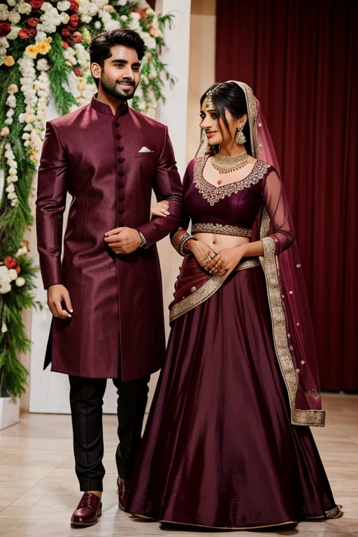 A bride in maroon heavy lehenga with wearing dupatta in head and a groom with maroon kurta