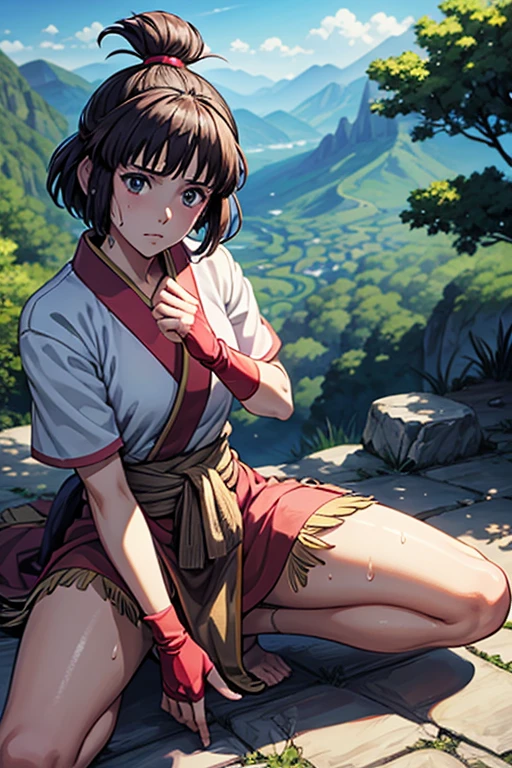masterpiece, Highest quality, Unreal Engine, Super Resolution, Very detailed,
One Girl, So, Kaya from Princess Mononoke, Topknot, Bobcut, iris, ((Blue Japanese clothing,short_sleeve)), Fingerless long gloves, feet_warm,barefeet, Physical Beauty, (Muscular:0.8), bold, Observe the audience,
In a sexy pose,
The World of Princess Mononoke, The village where Ashitaka lived, Key Visual,
((Sticky with sweat)),