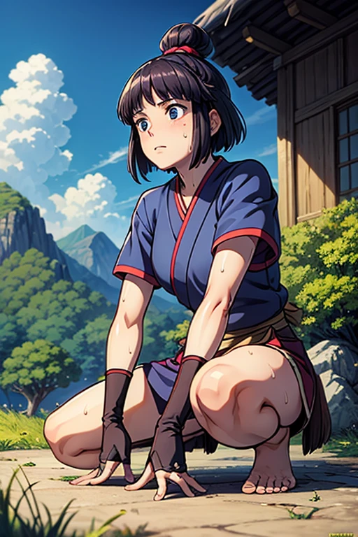 masterpiece, Highest quality, Unreal Engine, Super Resolution, Very detailed,
One Girl, So, Kaya from Princess Mononoke, Topknot, Bobcut, iris, ((Blue Japanese clothing,short_sleeve)), Fingerless long gloves, feet_warm,barefeet, Physical Beauty, (Muscular:0.8), bold, Observe the audience,
In a sexy pose,
The World of Princess Mononoke, The village where Ashitaka lived, Key Visual,
((Sticky with sweat)),