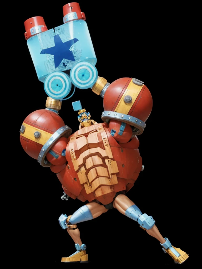 A very strong big man, bombing, with blue hair, with mechanical arms.
