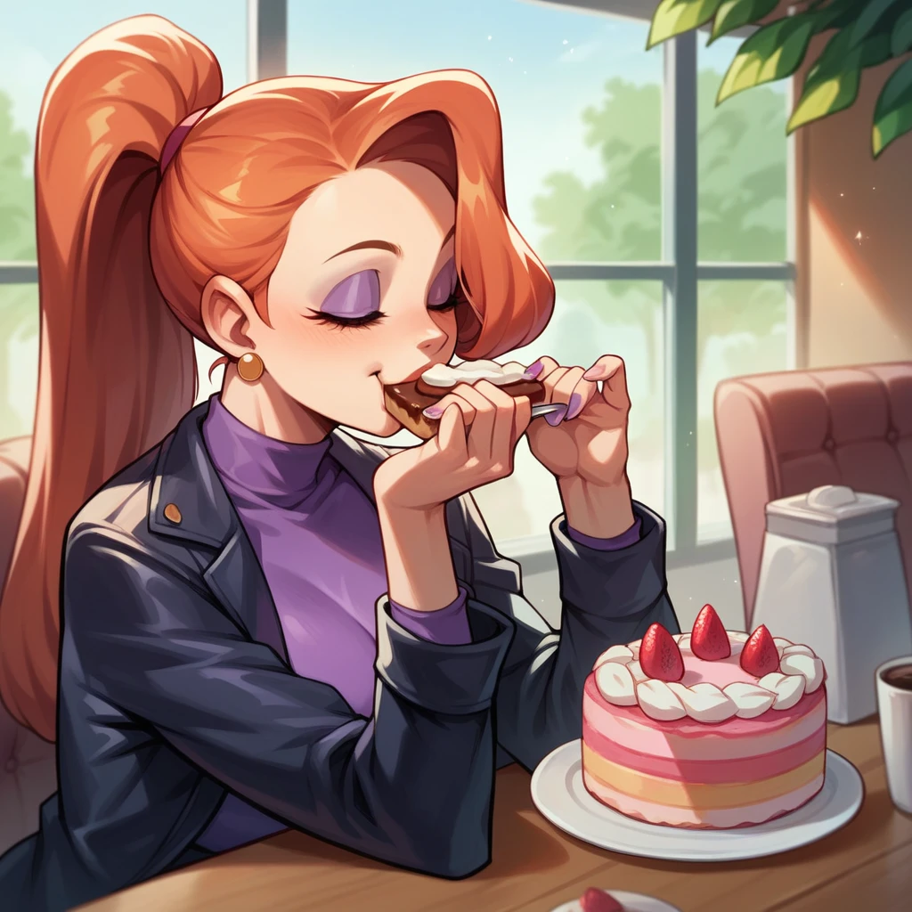 Jessica rabbit eating cake in a cafe, close-up, she is happy eating a cake and coffee, she is wearing a purple shirt and a black jacket, her hair is tied, ponytail