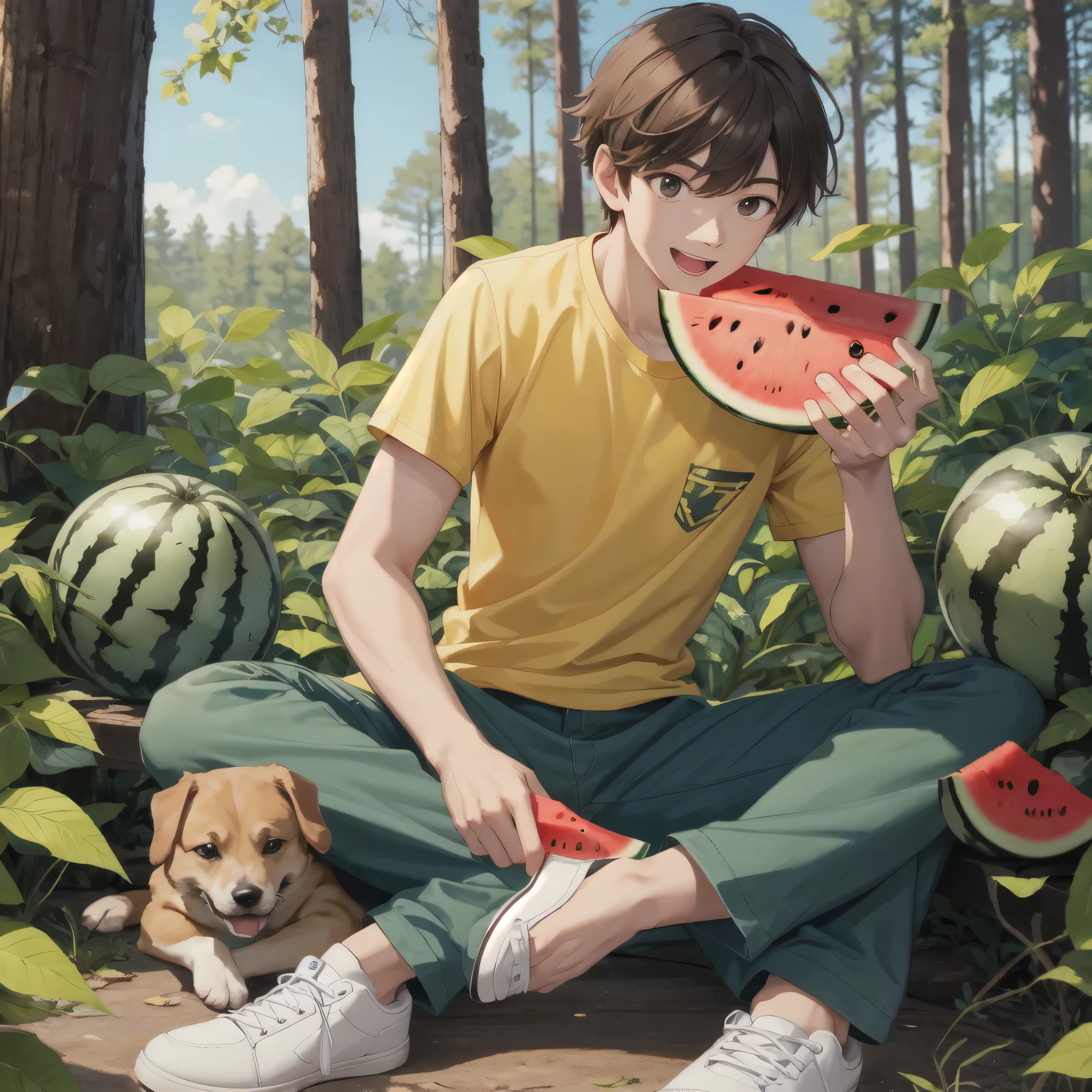 masterpiece, best quality, 1boy, solo,eating,holding watermelon, male focus,yellow shirt, brown hair, shirt, pants, holding, open mouth, sitting, smile, short sleeves, white footwear,sky,forest, dog,(more Cut Watermelon:1.2),