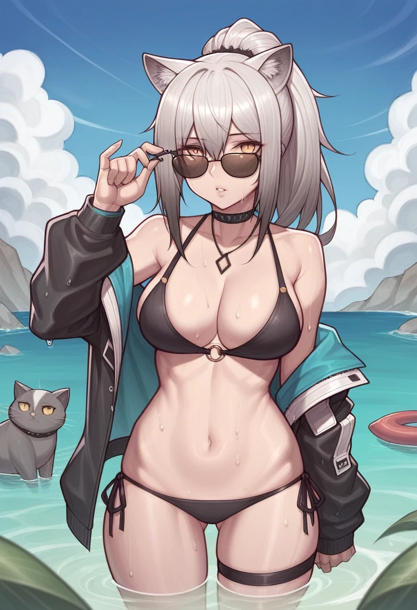 _asura style, 1girl, breasts, swimsuit, solo, schwarz_(arknights), bikini, animal_ears, navel, long_hair, stomach, thigh_strap, grey_hair, black_bikini, looking_at_viewer, jacket, wading, large_breasts, open_clothes, outdoors, sunglasses, cat_ears, off_shoulder, choker, cleavage, ponytail, open_jacket, thighs, bare_shoulders, day, sky, parted_lips, water, holding, blue_sky, holding_eyewear, necklace, cowboy_shot, eyewear_removed, white_jacket, long_sleeves, jewelry, yellow_eyes, cloud, arm_up, side-tie_bikini_bottom, standing, bangs, multicolored_hair, blush, black_choker, gradient_hair, wet