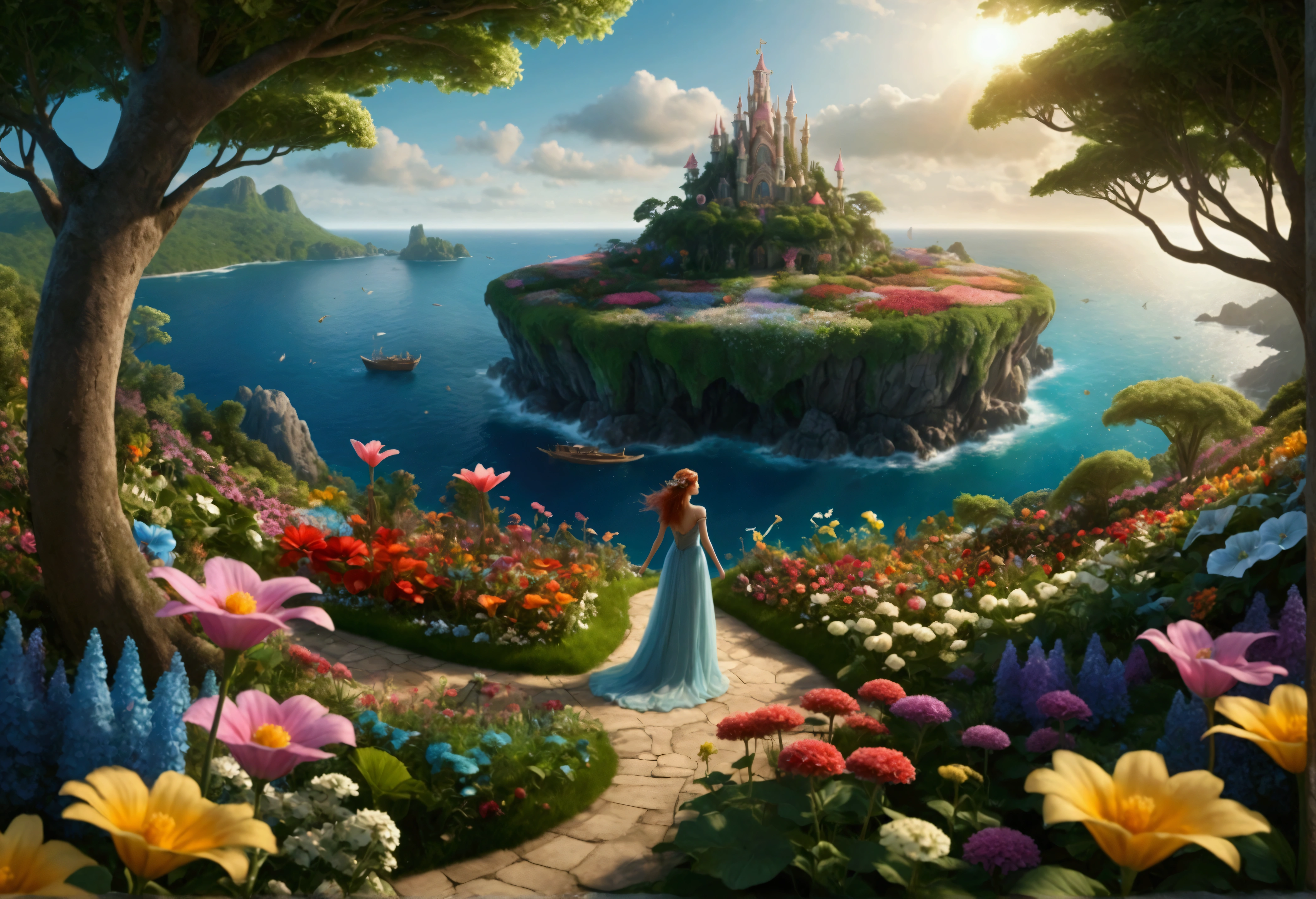 Mysterious Island, The fairy queen stands on a large flower, A hundred fairies are flying over the flower garden behind her, In the further distance, we see a forest with various trees in bloom. To the left and right of the forest is the ocean., Ultra-Wide Angle, panorama, wide shot, atmospheric perspective, masterpiece, accurate, textured skin, high details, high quality, best quality, photo, photorealistic,