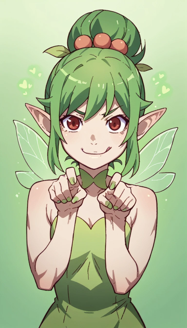 fairy girl, shady, green fairy, smol, cute, kawaii, The word yes, smirking, cocky, emote, character portrait, victory pose