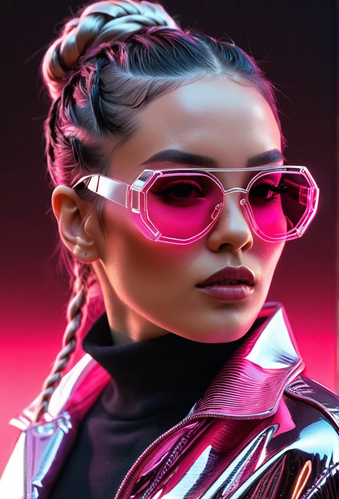 Create a highly realistic and highly detailed image of a woman wearing transparent lens futuristic sunglasses, a shiny metallic pink jacket with a black turtleneck. the woman has her hair neatly braided and pulled back, half her body facing the viewer. the background features a reflective surface with red lighting accents, giving it a cyberpunk aesthetic. close-up photo.