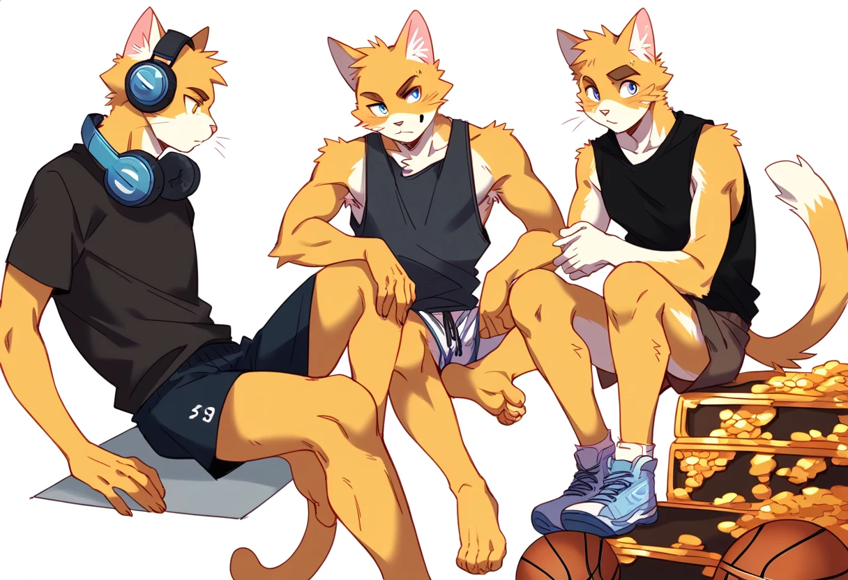 score_9, score_8_up, score_7_up, male, furry, high quality, hires, anthro, ager, 16 ymestic cat, basketball player, bright yellow fur, blue eyes, wide brown eyebrows, confidant expression, humanoid feet, slim body, prominent v-line, prominent abs, prominent legs, prominent forearm muscles, prominent knees, white background, treasure trail, armpit hair, furry legs, in various sexy poses, headphones, casual clothes, joggers, black shirt, shorts, showing off, selfie