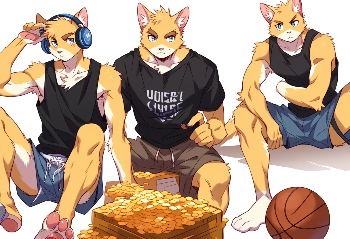 score_9, score_8_up, score_7_up, male, furry, high quality, hires, anthro, teenager, 16 years old, domestic cat, basketball player, bright yellow fur, blue eyes, wide brown eyebrows, confidant expression, humanoid feet, slim body, prominent v-line, prominent abs, prominent legs, prominent forearm, prominent knees, white background, treasure trail, armpit hair, furry legs, in various sexy poses, headphones, casual clothes, joggers, black shirt, shorts, sitting, showing off, folded arms