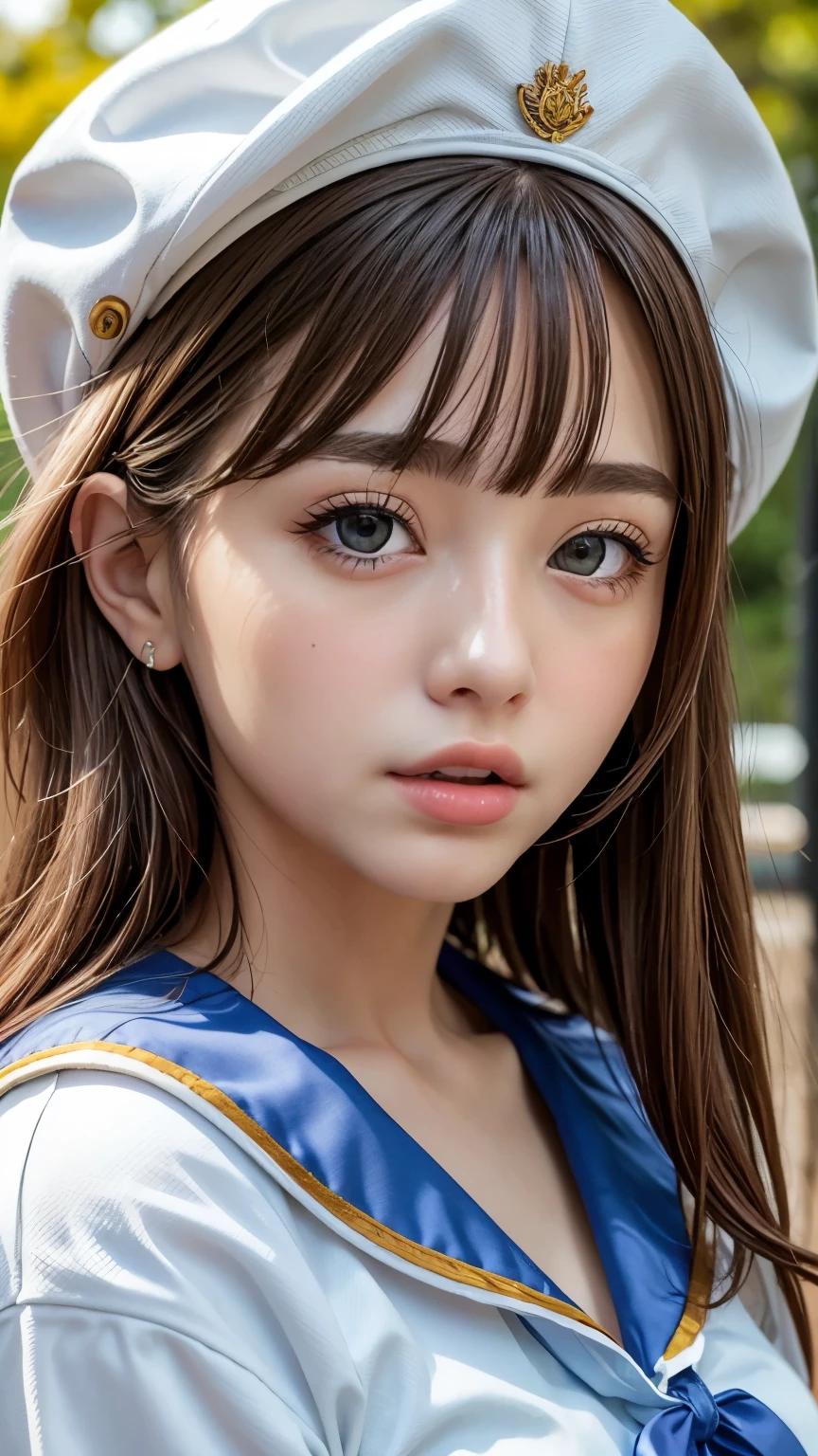 Sailor suit、、A beautiful girl in the world、Glowing Skin、sparkle on the cheeks、Bangs between the eyes、光沢のあるシルクと非常に長くてまっすぐなbeautiful天然ブロンド、eyeliner、Sexy and beautiful 35 years old、High resolution, big, beautiful, bright light blue eyes、Beautiful and bright girl、sharp、