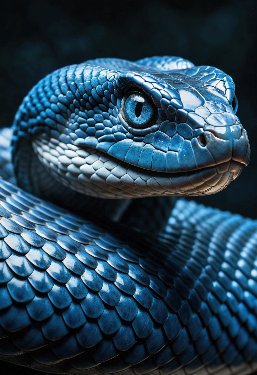 a giant cobra blue with curious blue eyes, imposing yet friendly-looking, detailed portrait, (best quality,4k,8k,highres,masterpiece:1.2),ultra-detailed,(realistic,photorealistic,photo-realistic:1.37),hyperrealistic, studio lighting, 8k, volumetric lighting, cinematic, dramatic lighting, intricate details, incredibly sharp focus, vibrant colors, rich textures, hyper-realistic scales, highly detailed face and eyes, incredibly lifelike, powerful presence, serene expression