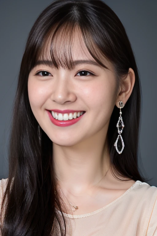 highest quality, masterpiece, ultra high resolution, (realistic:1.4),very detailed,professional lighting smile,black hair、smile showing teeth、black hair、ear piercing、necklace around neck