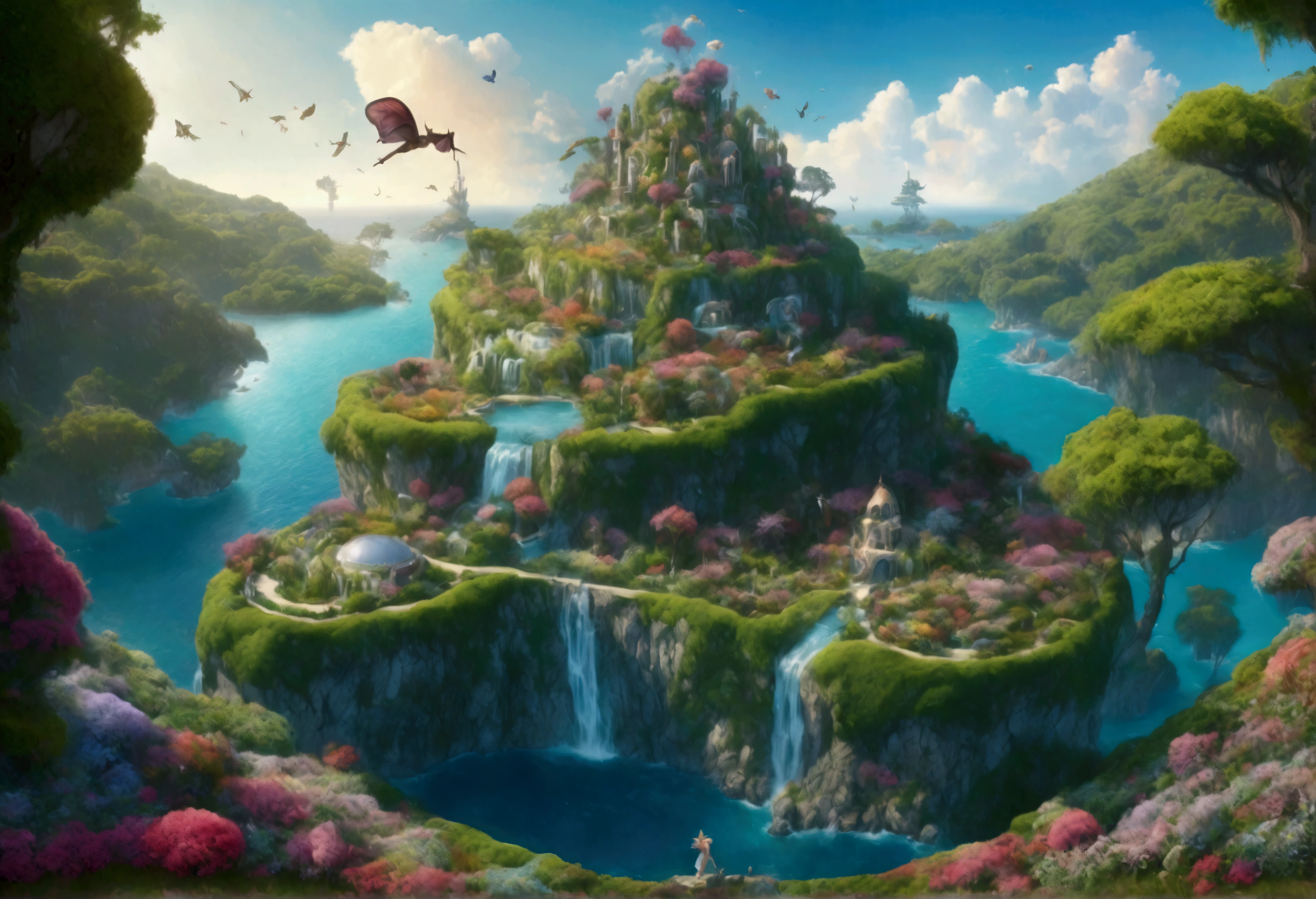 Mysterious Island, The fairy queen stands on a large flower, A hundred fairies are flying over the flower garden behind her, In the further distance, we see a forest with various trees in bloom. To the left and right of the forest is the ocean., Ultra-Wide Angle, panorama, wide shot, atmospheric perspective, masterpiece, accurate, textured skin, high details, high quality, best quality, photo, photorealistic,