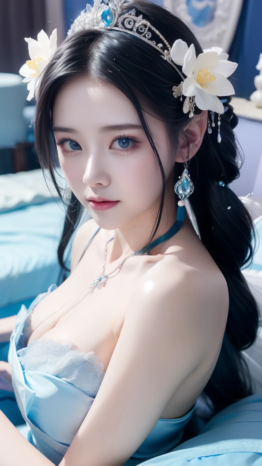 there is a woman in a blue dress laying on a bed, closeup fantasy with water magic, Ethereal fantasy, xianxia fantasy, queen of the sea mu yanling, water fairy, ethereal fairytale, Palace ， A girl in Hanfu, full-body xianxia, Ethereal!!!!!!!, shaxi, real photoshoot queen of oceans, Chinese fantasy, fantasy photoshoot