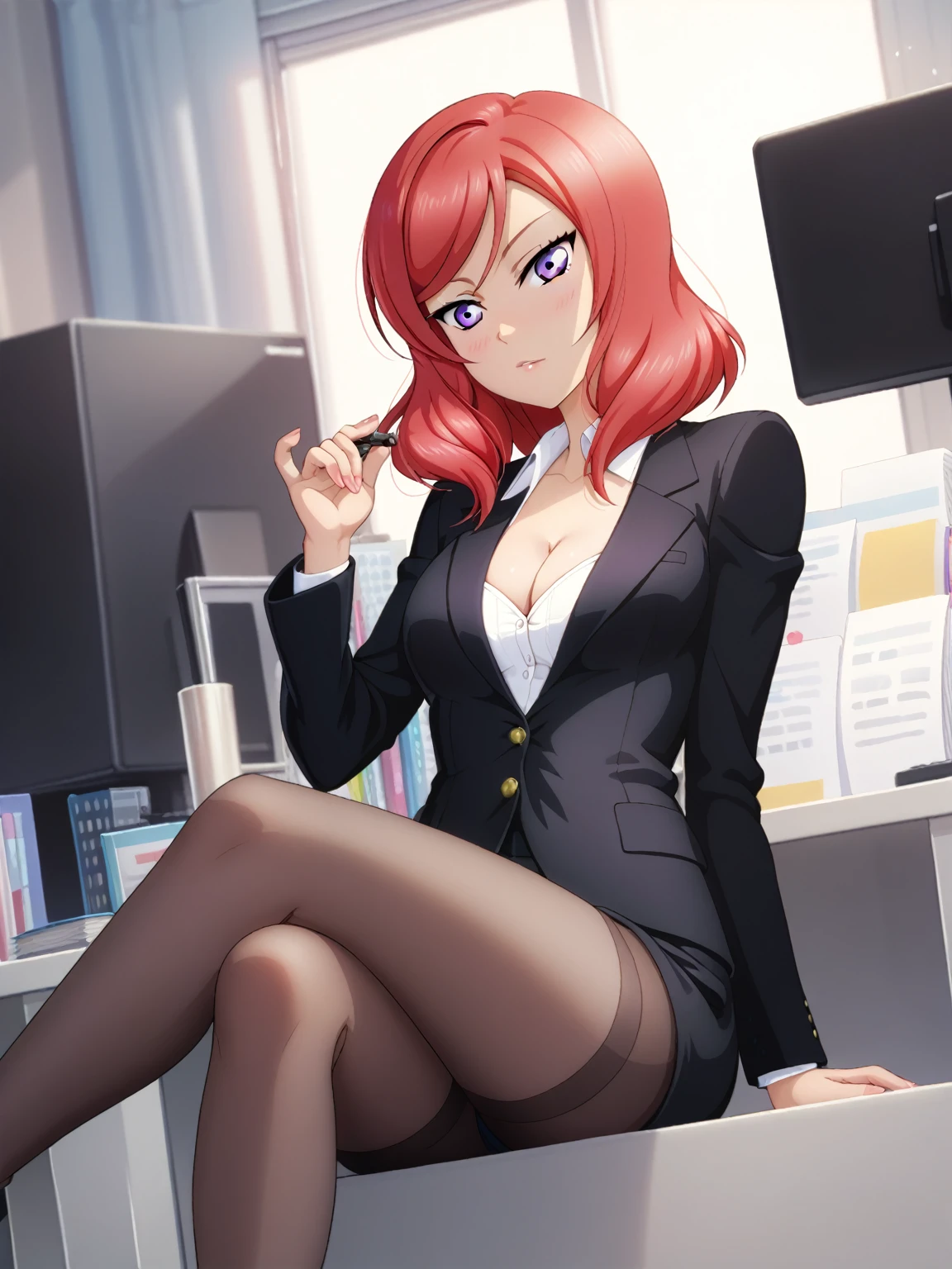 masterpiece, best quality, cowboy shot, nishikino maki,red hair, purple eyes, black formal suit, pants, sitting , crossed legs , Sexual seduction, sexualised, cleavage ,in office