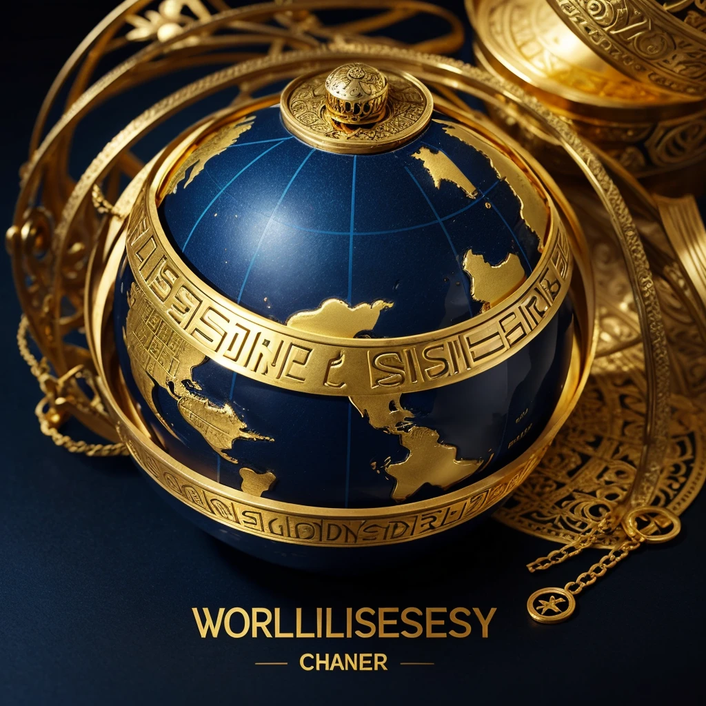 Create a channel logo for "World Secrets w/ Yash". The design should feature a mysterious and adventurous theme. Include elements like a globe at the center, a magnifying glass positioned over part of the globe, and subtle hints of ancient secrets such as old maps, ancient scripts, or treasure icons. Use a dark blue background with gold accents for the text and highlighting details. The text "World Secrets" should be in bold, stylish gold letters at the top, and "with Yash" elegant gold font at the bottom. 