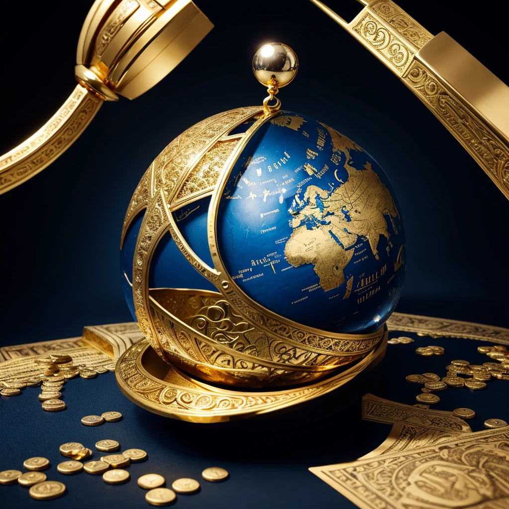 Create a channel logo for "World Secrets w/ Yash". The design should feature a mysterious and adventurous theme. Include elements like a globe at the center, a magnifying glass positioned over part of the globe, and subtle hints of ancient secrets such as old maps, ancient scripts, or treasure icons. Use a dark blue background with gold accents for the text and highlighting details. The text "World Secrets" should be in bold, stylish gold letters at the top, and "with Yash" elegant gold font at the bottom. 