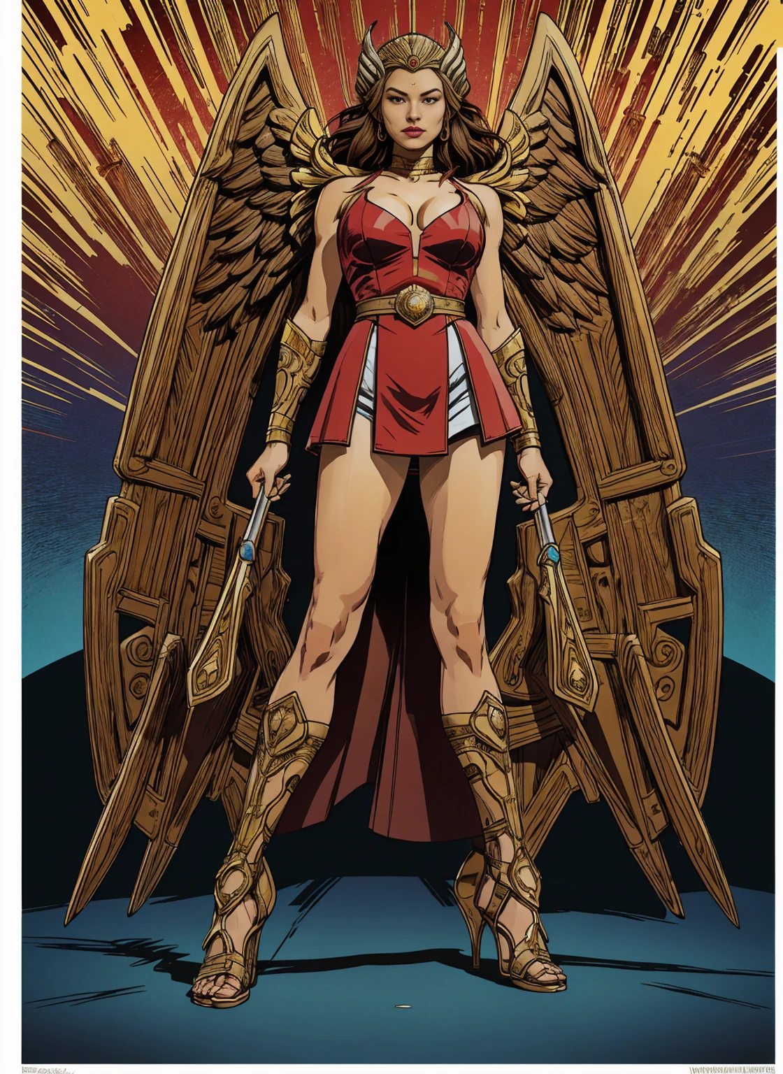 ((Full body photo, standing, feet on the ground)) Alison Tyler as a Valkyrie of Asgard, blue eyes, long brown hair, perfect body, Lady Knight,  She-ra, TM Samurai, intricate face details, poster style, icons, vibrant colors, vector style, digital art, 4K, intricate details, mesmerizing, professionally made, beautiful vector illustration, 12K resolution, 3D, all characters in detailed full body, highly detailed, vibrant, ultra high quality, Hyperrealism, Photorealism, octane render]


