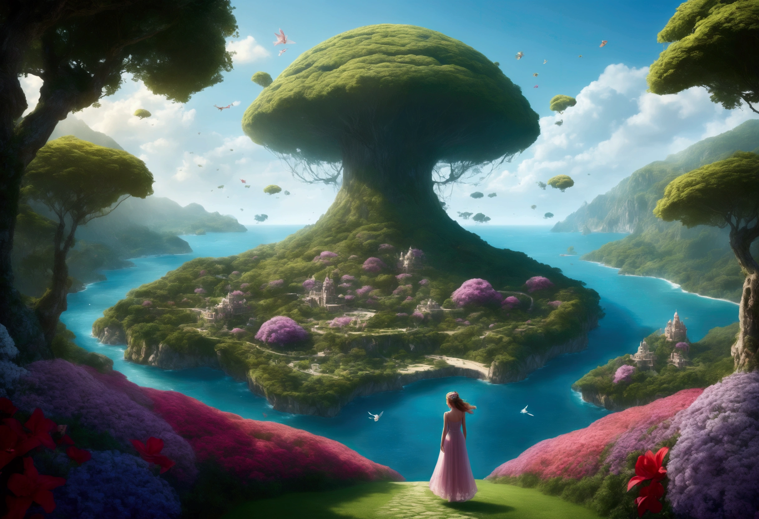 Mysterious Island, The fairy queen stands on a large flower, A hundred fairies are flying over the flower garden behind her, In the further distance, we see a forest with various trees in bloom. To the left and right of the forest is the ocean., Ultra-Wide Angle, panorama, wide shot, atmospheric perspective, masterpiece, accurate, textured skin, high details, high quality, best quality, photo, photorealistic,