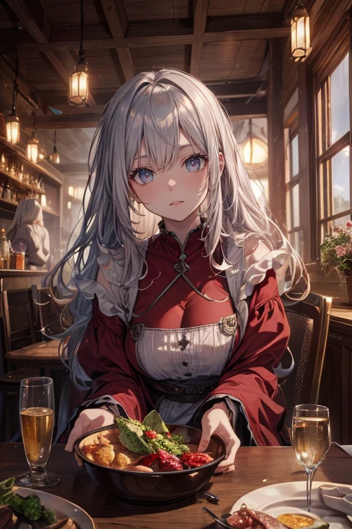 a highly detailed, photorealistic 8K image of a beautiful young woman with long, curvy, messy silver hair and ruby eyes, set in a fantasy old and small tavern, red and white peasant tunic, (dawning light), pink hue cheek, (gentle expression), waitress, award winning, high resolution, (set in medieval), clean the table