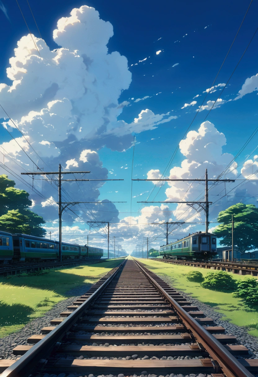Train crossing tracks scenery with sky background in Makoto Shinkai anime style, exquisite animation, rich details, beautiful harmonious scene, dreamy romantic scene, high quality, clarity 4K, high details, artistic 4K wallpaper, wonderful anime scenery, vivid colors, Makoto Shinkai style