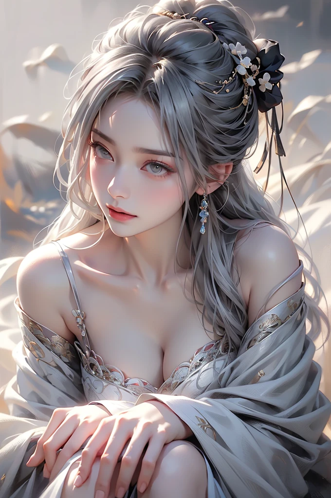 ((Above the knees image:1.3))super high quality, masterpiece, Perfect illustration, Very detailed (Exquisite light and shadow, Very dramatic photo,Backlight) , ((Gray Hair:1.5))1 Girl,(( alone:1.6)), (Wearing Han clothes, Black Hanfu,Monotony,Long sleeve、Gorgeous costumes、Highly decorated Hanfu) Flower Field, Flowers, (White smoke:1.3) (Realistic:1.4), Zen Intertwining, Tangled, Official Art, unity 8k wallpaper, Very detailed, Beautiful and beautiful, masterpiece, Highest quality, (Dynamic Angle: 1.4), Glowing Skin, (Floating colorful flashes: 1) The most beautiful chaotic shapes, elegant, Brutalist Design, Bright colors, Romantic Depth of Field Exotic_dance, half_naked、Expose your shoulders、Ample breasts、Great cleavage、Dynamic pose、Backlight,
