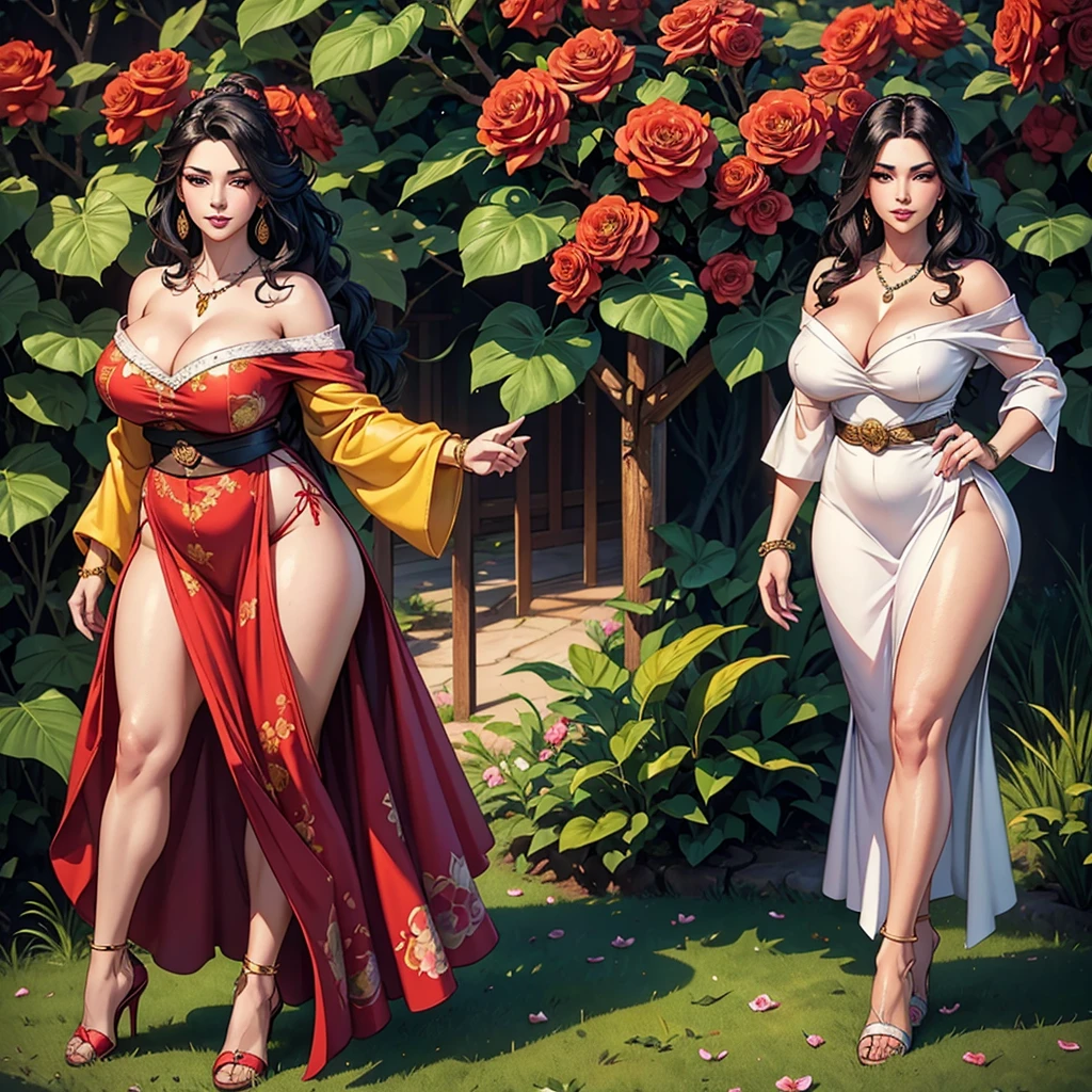 A beautiful dragon woman with long silky midnight black hair, piercing black eyes, an extremely bright and flawless porcelain white skin, an hourglass figure with a thick, plump backside and perfect cleavage, wearing a short, loose white floral dress with red patterns, a red waist sash, a light brown off-the-shoulder cardigan, yellow high heels, gold jewelry including a necklace, bracelets, and anklets, a cute smile, full pink lips, pink nails, and a red rose in her hair, standing in a lush garden background, facing the viewer, full body shot from head to toe, (best quality,8k,highres,masterpiece:1.2),ultra-detailed,(realistic,photorealistic,photo-realistic:1.37),HDR,UHD,vivid colors,professional,concept art