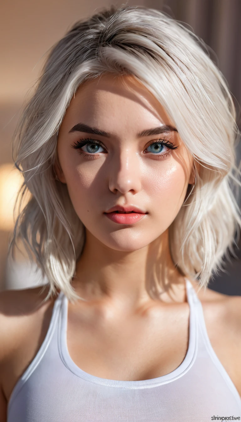 realistic, detailed, realistic details, intricate detail, break,, 1girl, solo, white hair, extremely beautiful, cute,detailed face, detailed skin complexion, beautiful eyes, parted lips, seductive, medium hair, , break,, simple background,, break,, , perspective, depth of field, proportion, blurry background, bokeh, sharp focus, depth and dimension, proportion, rule of third, break,, finger nails, bedroom, night, without strabismus, shadows, sport legging, crop top, full body, living room, without tattoo