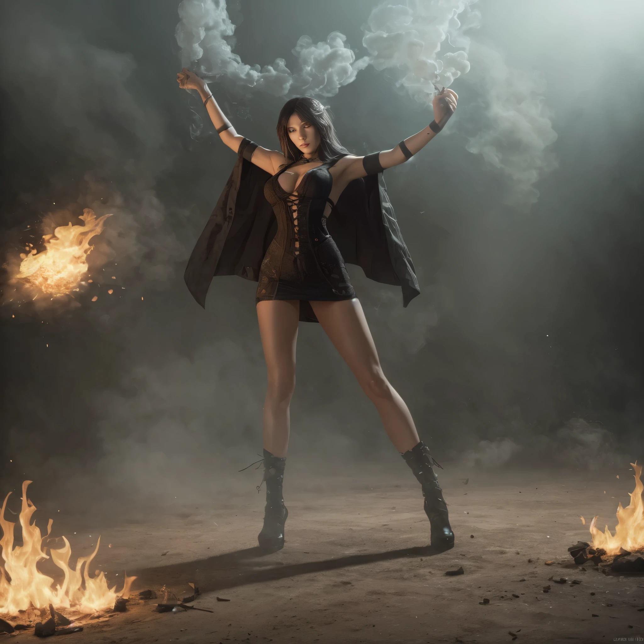 A medieval Goddess warrior fighting in the battlefield, dressed in black, laced dress, torn dress, full body, work of malediction and death, The Great One of the Night of Time, stand up and shout. Dominant pose. Realistic hands. Ball of fire in hand. [The character is surrounded by mist, evoking a mysterious and eerie atmosphere. The lighting is dark and atmospheric, with smoke adding a touch of sinister ambiance. Best quality image, HDR enhancement, showcasing the utmost level of detail and realism, full body shot:1.5]. [8K, Best Quality, Ultra High Resolution, (highly detailed CG unity 8k wallpaper), (best photo), cry, (best shadows), isometric 3D, octane rendering, ray tracing, highly detailed, (Best quality, 4K, 8k:1.2), absurdity, ultra detailed, (realistic, photorealistic, photorealistic:1.37), complex parts, HDR, (complex parts:1.12), (hyper detailed, hyper realistic, Soft lighting, spicy:1.2), (complex parts, Hyper detailed:1.15). Blurred foreground. (backlit), masterpiece, high quality, brightness, chromatic aberration, foggy smoke, shadows, contrast, clear sky, (warm hue, warm tone), high details, natural reflections]. (YES SFW)