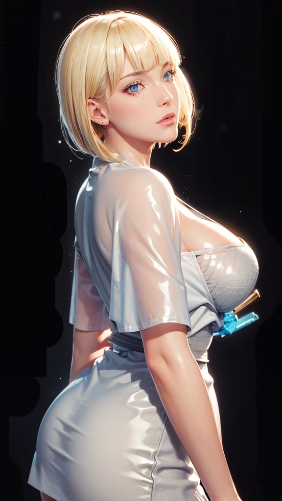 (（（Perfect body,White and tender skin,（（（BLACK KIMONO, CLEAVAGE, VAMBRACES,）））,（（（Samui, Blue eyes, blonde hair, short hair, bangs, blunt bangs,）））,((masterpiece)),high resolution, ((Best quality at best)),masterpiece,quality,Best quality,（（（ Exquisite facial features,Looking at the audience,There is light in the eyes,blush,Happy,lol）））,Look up at the sky，From the back）））,（（（Light and shadow,Huge breasts，Plump buttocks）））,（（（Looking at the camera,black background,)））),