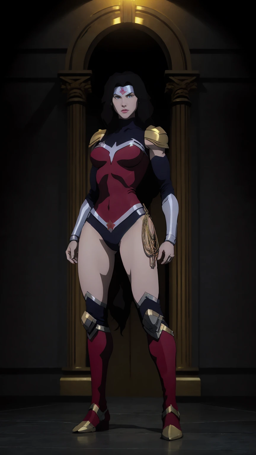 ((full body photo, standing, Feet on the ground)) Wonder Woman A red-haired male warrior with yellow eyes wearing black and gold Supergirl armor
