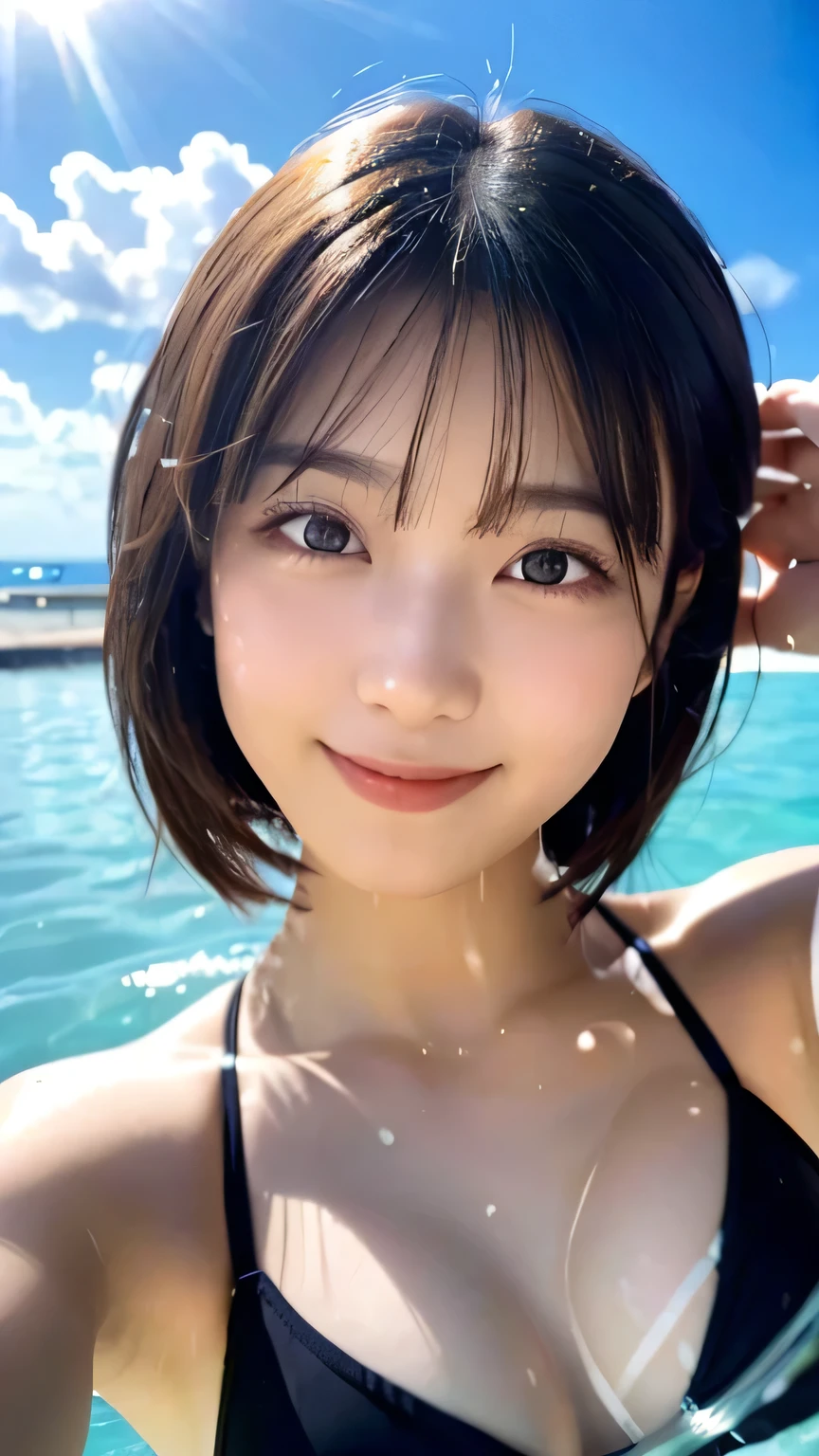 (Highest quality,masterpiece:1.3,Ultra-high resolution),(Very detailed,Caustics,8k),(Realistic:1.4,RAW shooting),(Smiling girls splashing water on each other),Japanese,18-year-old,cute,Black Short Hair,(big ),Bikini Swimwear,(Face Focus),(Face close-up),(Bust up shot),(Low position),(Low Angle),Clear and beautiful sea,Beach,sun,strong sunlight,Lens flare,Natural light,Professional Writing