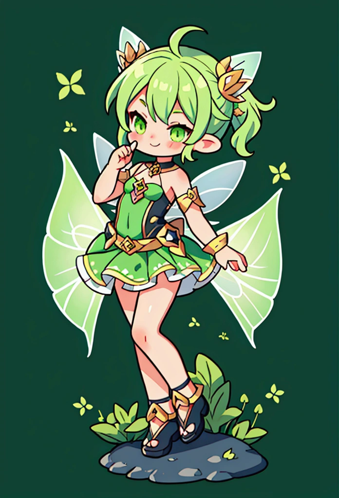 fairy girl, shady, green fairy, smol, cute, kawaii, The word yes, smirking, cocky, emote, character portrait, victory pose
