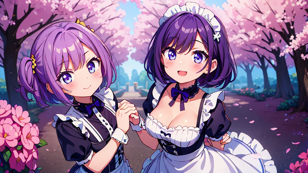 2girls, short purple hair, cute eyes, wearing maid costume, smiling , medium size Brest , portrait , slightly blushing , hands out of frame , hands behind back , high res, ultrasharp, 8K, masterpiece, looking at viewer