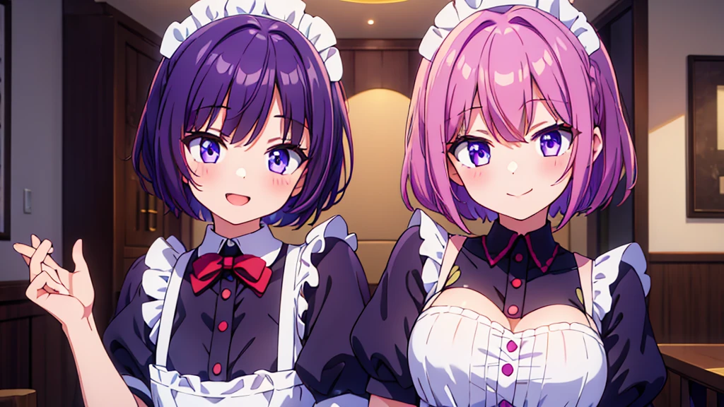 2girls, short purple hair, cute eyes, wearing maid costume, smiling , medium size Brest , portrait , slightly blushing , hands out of frame , hands behind back , high res, ultrasharp, 8K, masterpiece, looking at viewer
