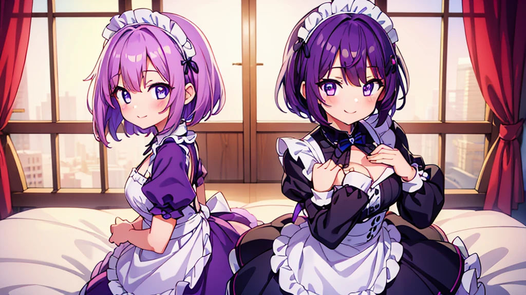 2girls, short purple hair, cute eyes, wearing maid costume, smiling , medium size Brest , portrait , slightly blushing , hands out of frame , hands behind back , high res, ultrasharp, 8K, masterpiece, looking at viewer
