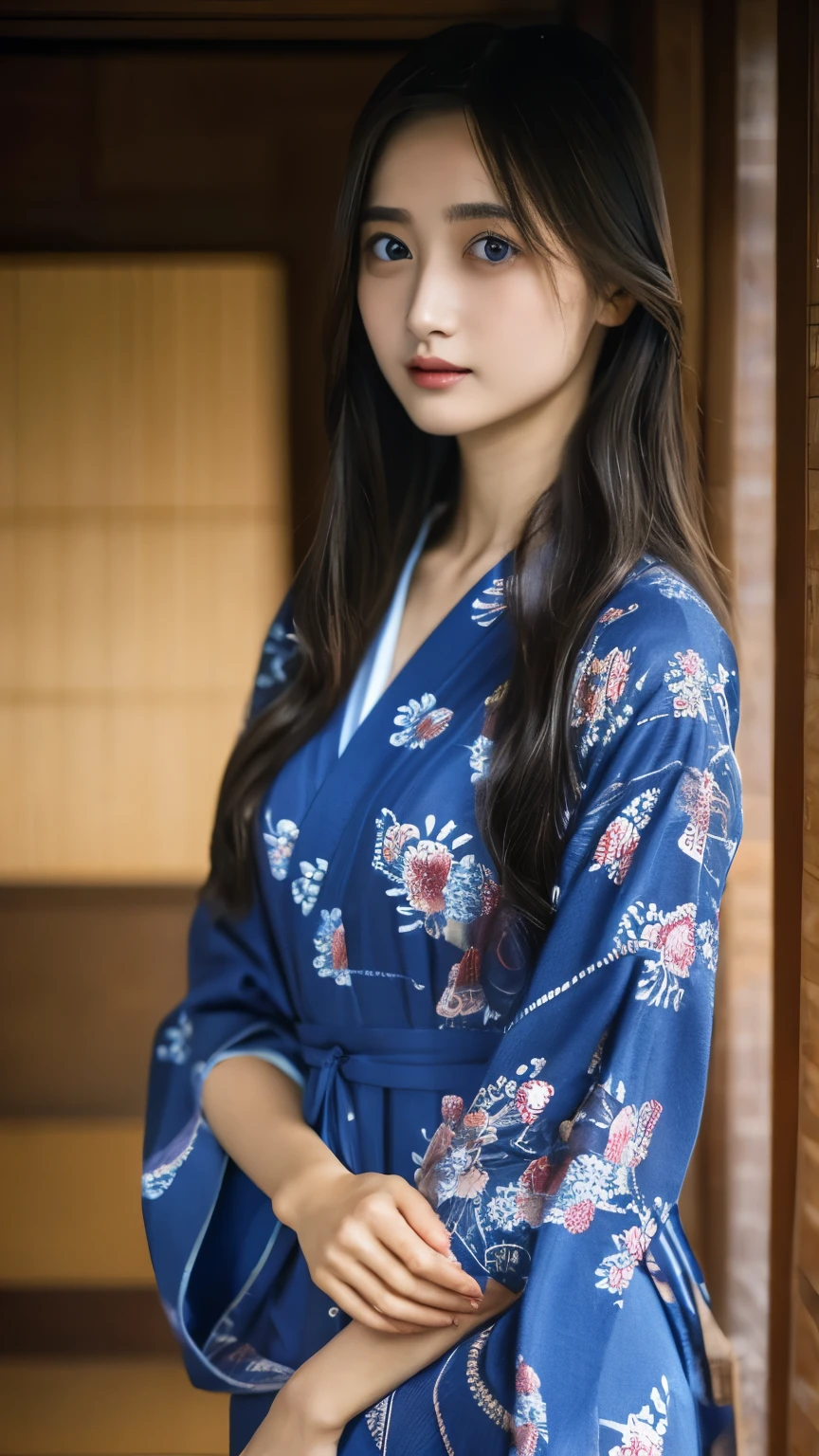 Full body in yukata,(((32ｋ,Attention to detail,High resolution、masterpiece,Attention to detail,Ezvian everywhere,alone))),RAW Photos & Realistic atmosphere,美しい dark blue eyes,Mouth Details,Glossy Lips,Thin eyebrows,Soft white skin that shines in every detail