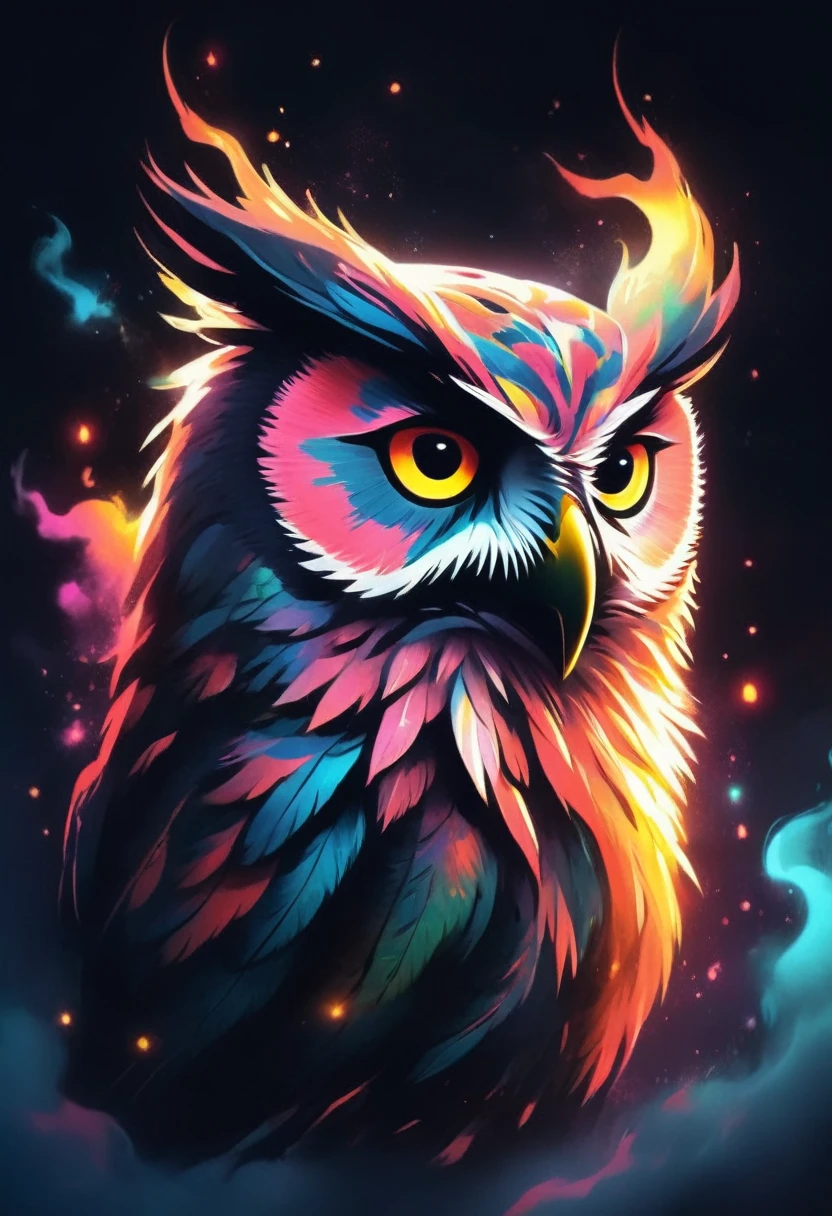 a detailed illustration of a owl-like monster,colorful tattoo design,fire effects,mask,logo,t-shirt design,pastel painting style,clear lines,bright lights,high contrast and sharpness,(best quality,4k,8k,highres,masterpiece:1.2),ultra-detailed,(realistic,photorealistic,photo-realistic:1.37),digital painting,character design,fantasy,concept art,dark,dramatic lighting