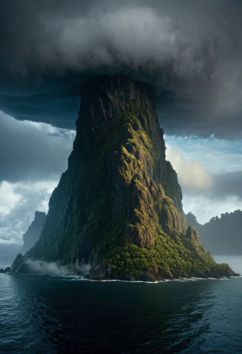 Realistic, cinematically dramatic view of a mysterious island with a surreal, upside down mountain, stormy foggy sky, dramatic cloudy atmosphere, Epic Light, muito detalhado, Award-winning, 8k, photorealestic, Intricate detailing, dramatic colors, volumetric fog, Film composition, Dramatic shadows and lights, atmospheric and mysterious atmosphere