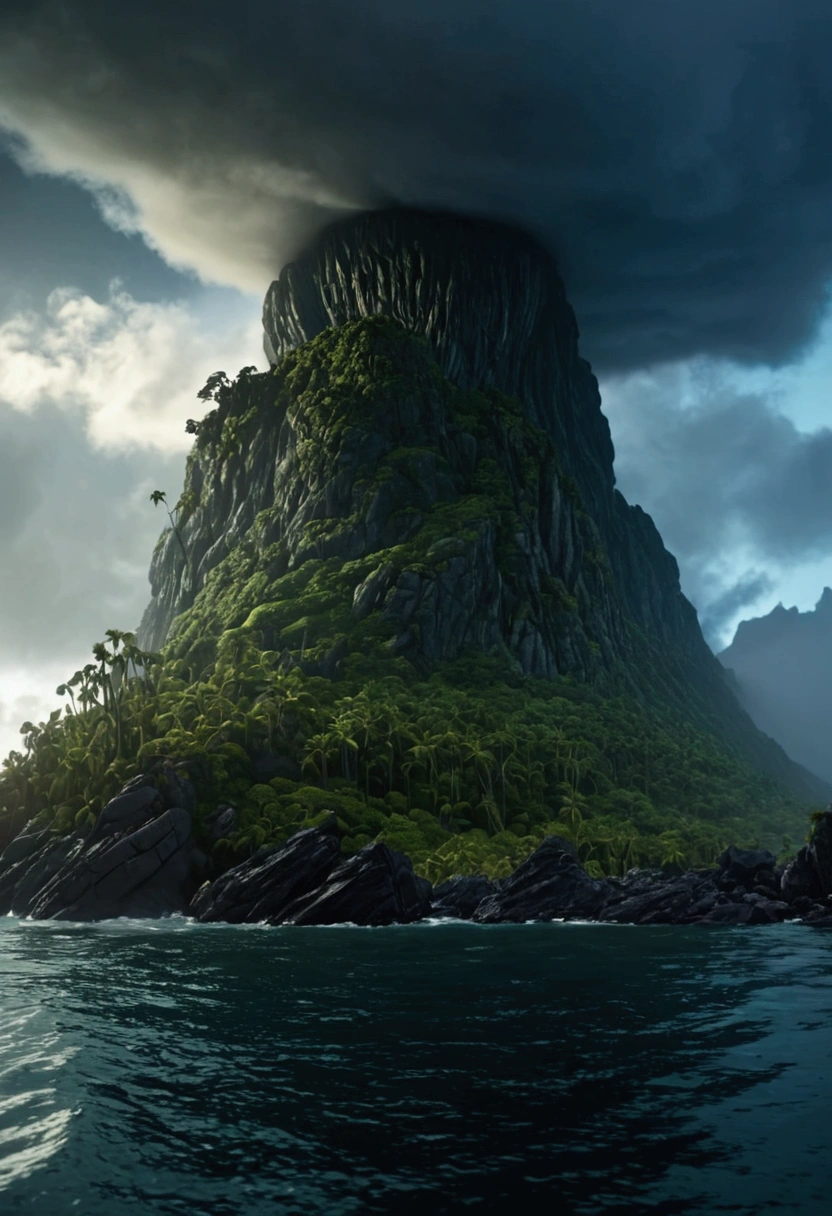 Realistic, cinematically dramatic view of a mysterious island with a surreal, upside down mountain, stormy foggy sky, dramatic cloudy atmosphere, Epic Light, muito detalhado, Award-winning, 8k, photorealestic, Intricate detailing, dramatic colors, volumetric fog, Film composition, Dramatic shadows and lights, atmospheric and mysterious atmosphere