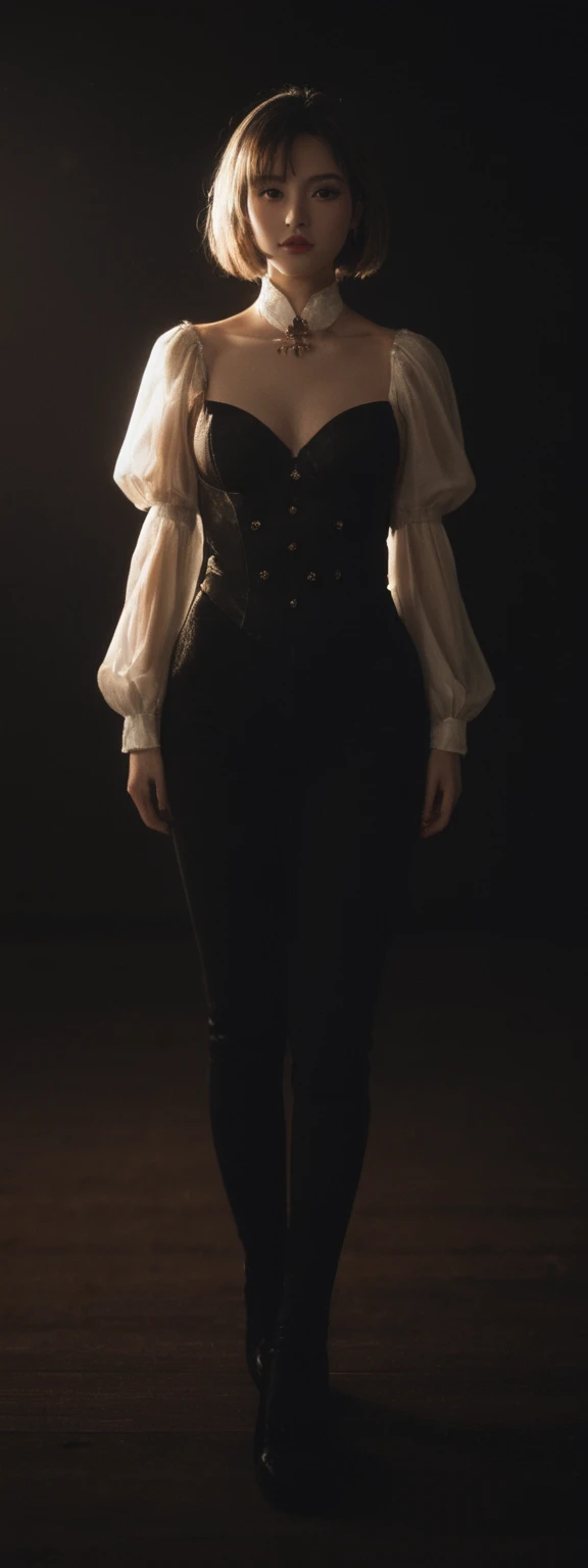 cinematic film, Realistic photograph,realistic, score_9, score_8_up, score_7_up, score_6_up,
1girl, solo, from front, full body, Mona \(genshin impact\), black background, makeup, sidelighting, backlighting, glowing, ,shallow depth of field, vignette, highly detailed, high budget, bokeh, cinemascope, moody, epic, gorgeous, film grain, grainy,