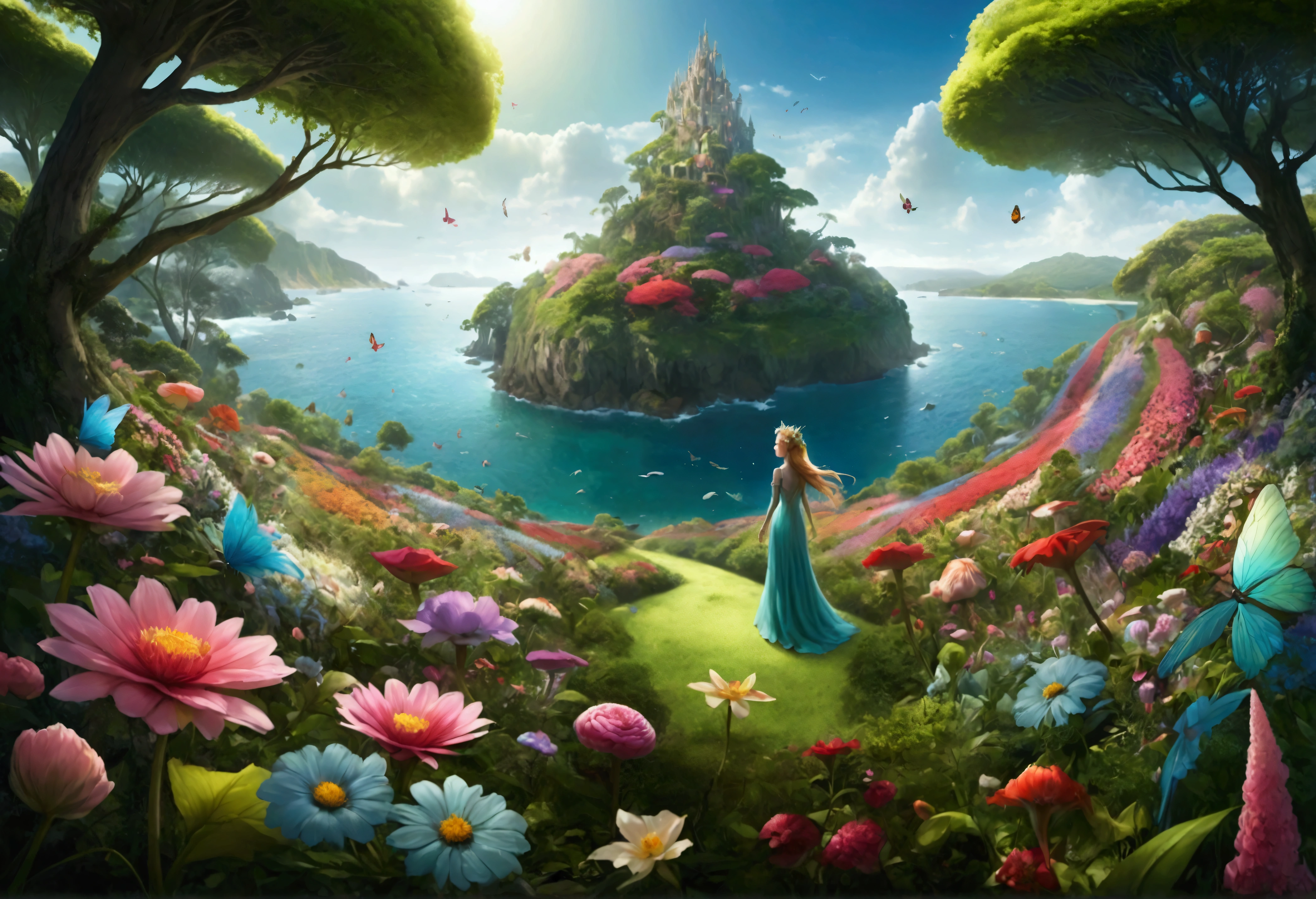 Mysterious Island, The fairy queen stands on a large flower, A hundred fairies are flying over the flower garden behind her, In the further distance, we see a forest with various trees in bloom. To the left and right of the forest is the ocean., Ultra-Wide Angle, panorama, wide shot, atmospheric perspective, masterpiece, accurate, textured skin, high details, high quality, best quality, photo, photorealistic,